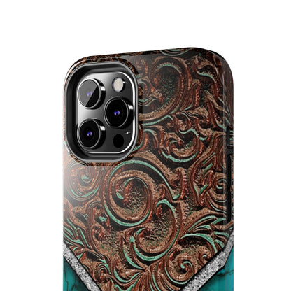 Western Cow Print, Faux Turquoise and Leather Digital print design Phone Case- Lightweight, Impact Resistant Cover for iPhone 6, 6s, 12, 13, 14, 15