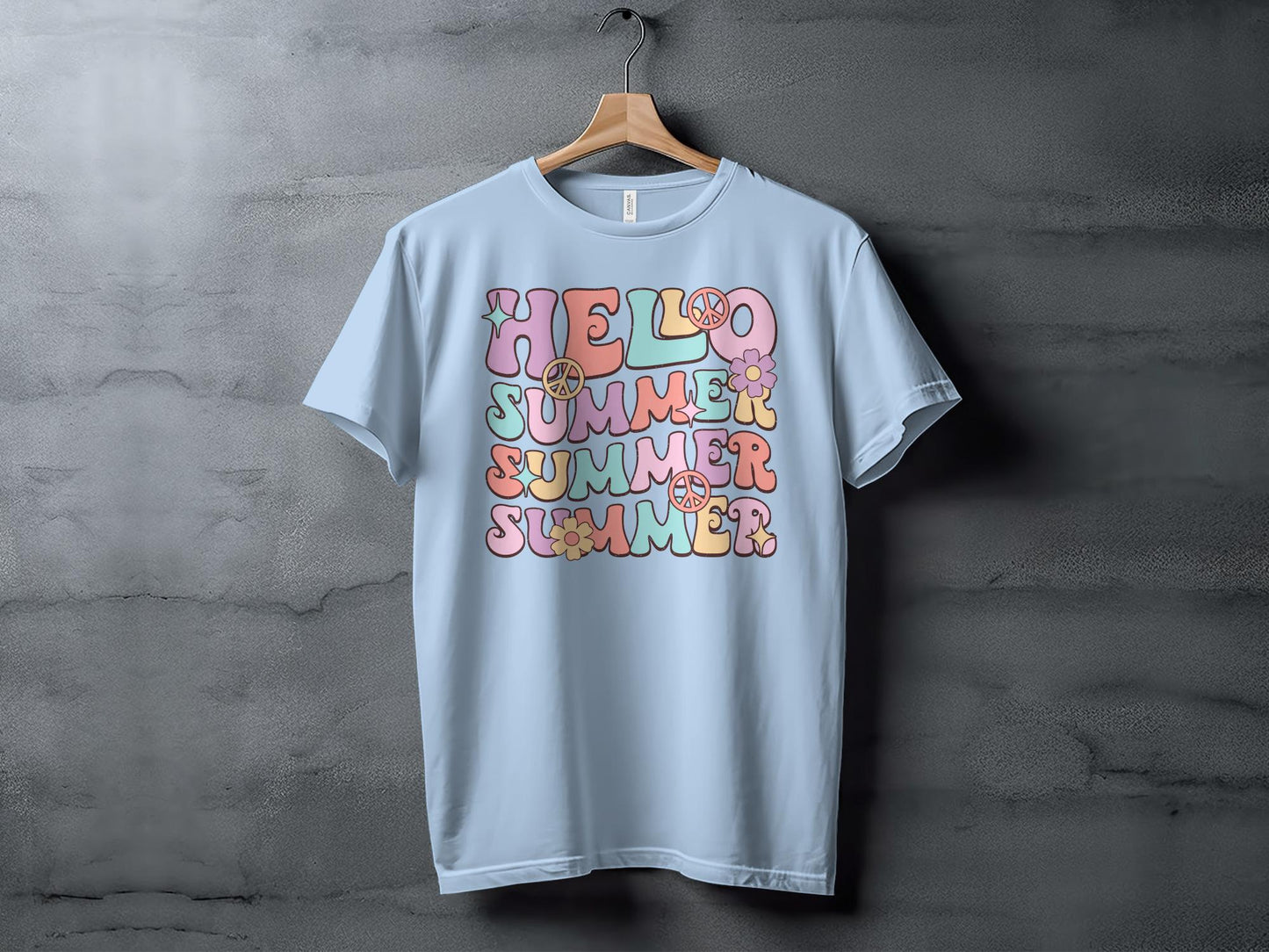 Hello Summer T-Shirt with Retro Hippie Design, Colorful Vintage Style Tee, Unisex Casual Fashion Top