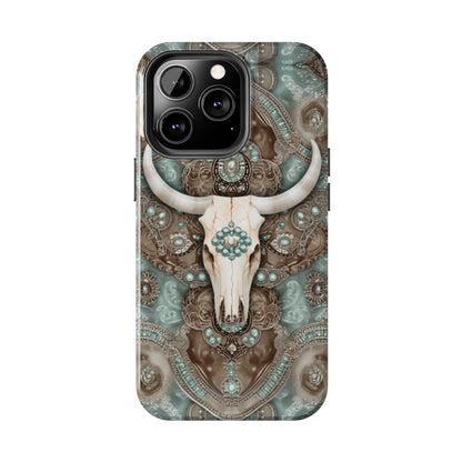 Western Cow Skull and Turquoise print design Phone Case- Lightweight, Impact Resistant Cover for iPhone 6, 6s, 12, 13, 14, 15