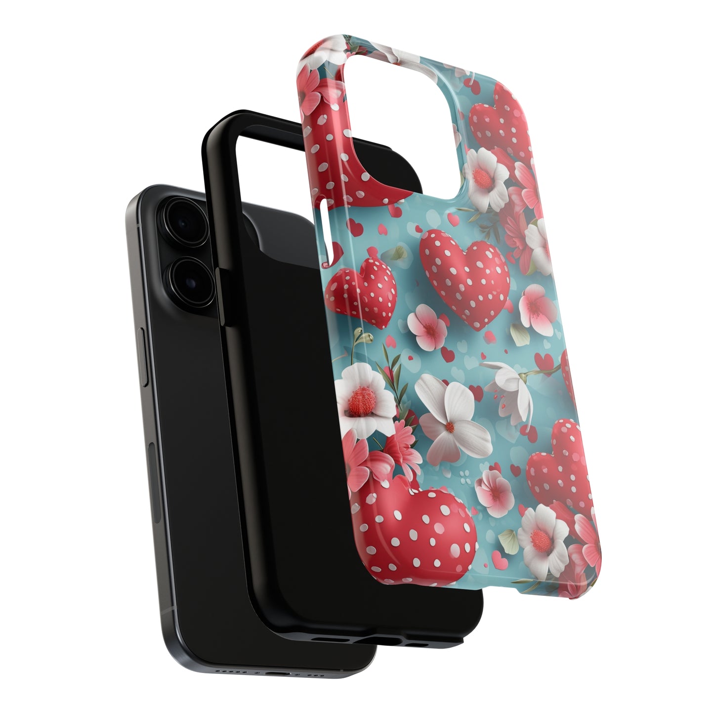 Pink White Flowers Red Hearts Digital print Design Tough Phone Case compatible with a large variety of iPhone models, Gift, Phone Case