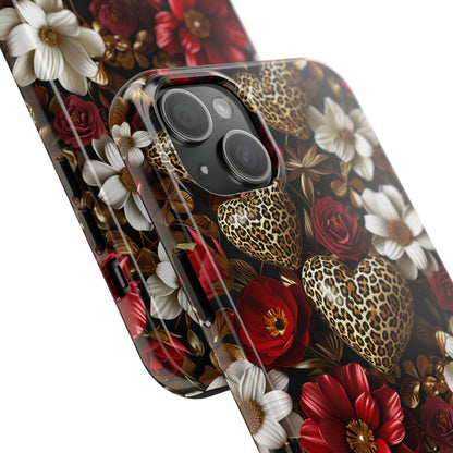 Red Gold Flowers Leopard Hearts Digital print Design Tough Phone Case compatible with a large variety of iPhone models, Gift, Phone Case