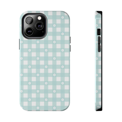 Cute Blue and White Gingham with Daisies Digital print Design Tough Phone Case compatible with a large variety of iPhone models, Gift, Phone Case