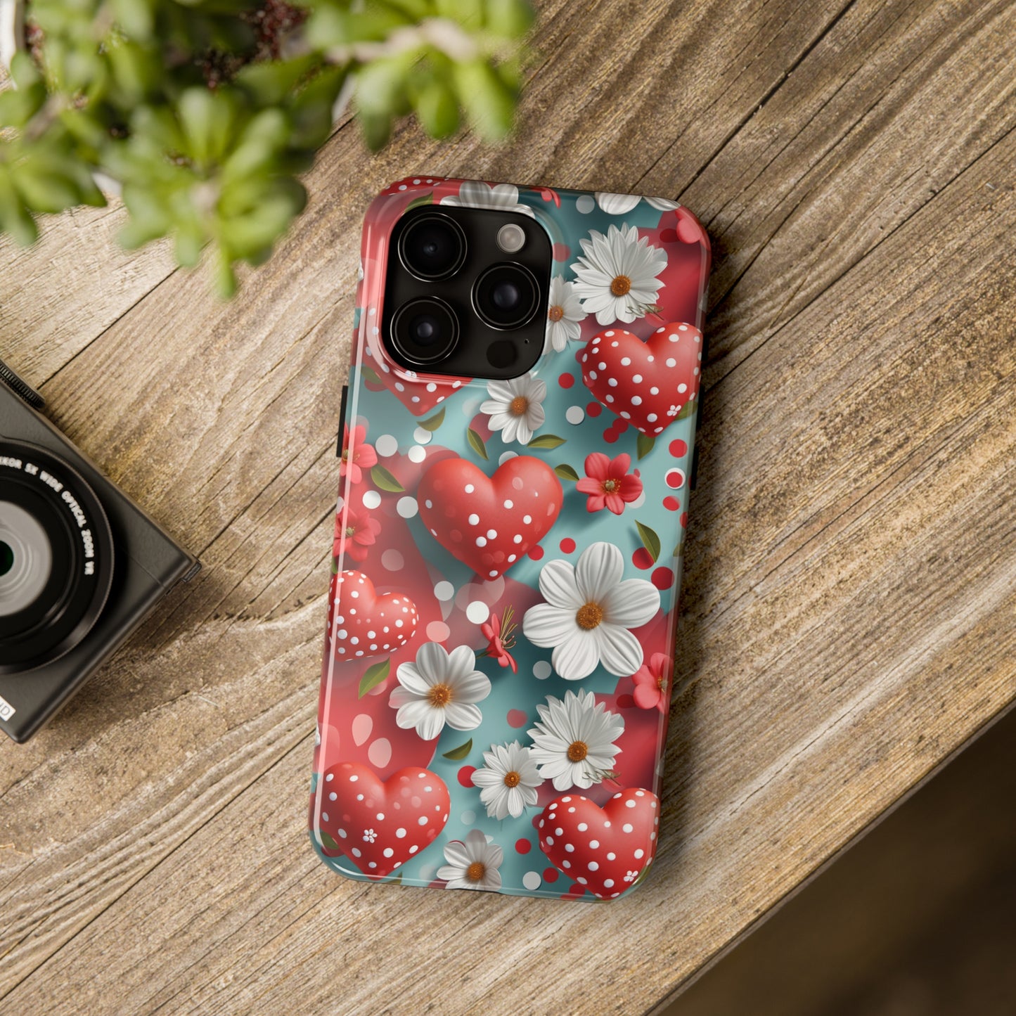 White Flowers Red Polka Dot Hearts Digital print Design Tough Phone Case compatible with a large variety of iPhone models, Gift, Phone Case