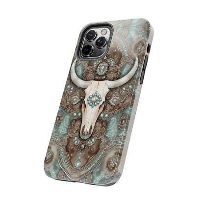 Western Cow Skull and Turquoise print design Phone Case- Lightweight, Impact Resistant Cover for iPhone 6, 6s, 12, 13, 14, 15