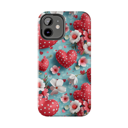 Pink White Flowers Red Hearts Digital print Design Tough Phone Case compatible with a large variety of iPhone models, Gift, Phone Case