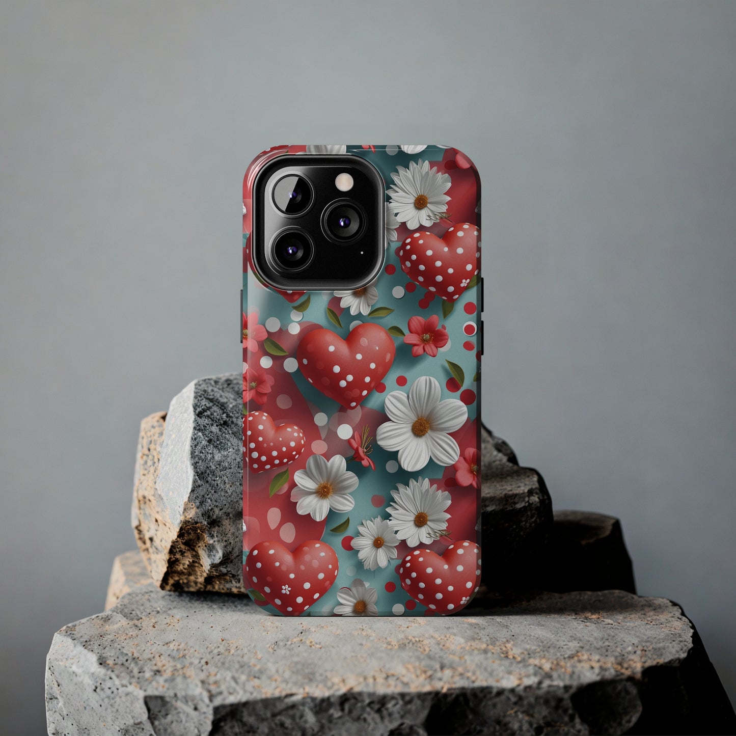 White Flowers Red Polka Dot Hearts Digital print Design Tough Phone Case compatible with a large variety of iPhone models, Gift, Phone Case