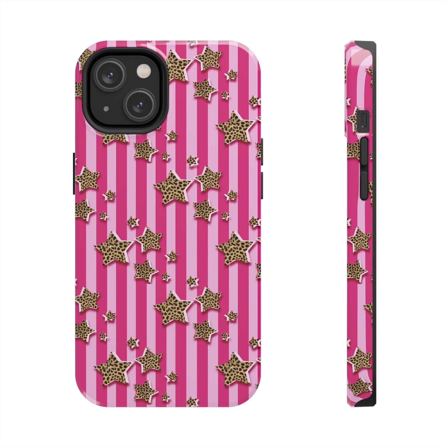 Girly Cheetah Stars and Pink Stripes Design Phone Case- Lightweight, Impact Resistant Cover for iPhone 6, 6s, 12, 13, 14, 15