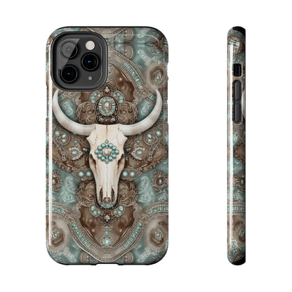 Western Cow Skull and Turquoise print design Phone Case- Lightweight, Impact Resistant Cover for iPhone 6, 6s, 12, 13, 14, 15