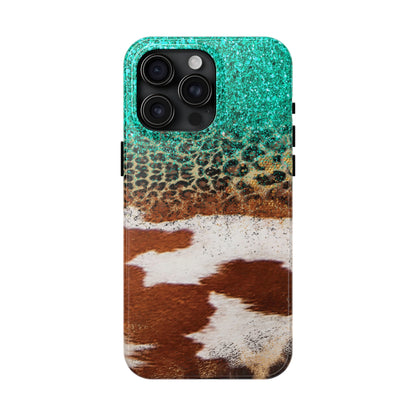 Western Cow Print, Teal, and Leopard print Design Phone Case- Lightweight, Impact Resistant Cover for iPhone 6, 6s, 12, 13, 14, 15