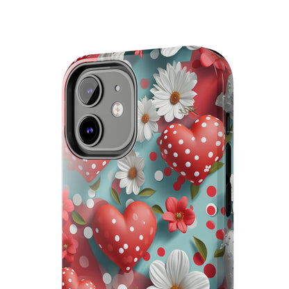 White Flowers Red Polka Dot Hearts Digital print Design Tough Phone Case compatible with a large variety of iPhone models, Gift, Phone Case