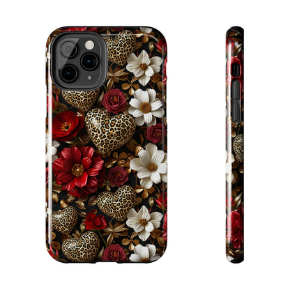 Red Gold Flowers Leopard Hearts Digital print Design Tough Phone Case compatible with a large variety of iPhone models, Gift, Phone Case