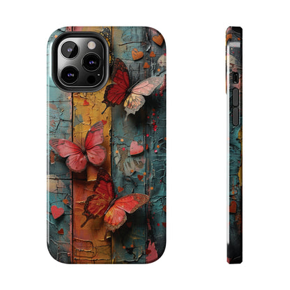 Colorful Butterfly Art on Wood texture design iPhone Case iPhone Case, Colorful Butterfly Art Protective Phone Cover, Durable Phone Accessory Gift, Chic Artsy Protective Cover, Protective Case for iPhone Models, Tough iPhone Case