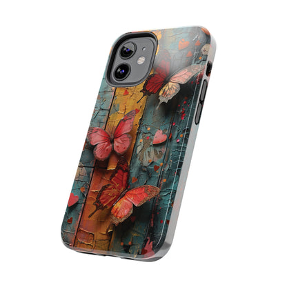 Colorful Butterfly Art on Wood texture design iPhone Case iPhone Case, Colorful Butterfly Art Protective Phone Cover, Durable Phone Accessory Gift, Chic Artsy Protective Cover, Protective Case for iPhone Models, Tough iPhone Case