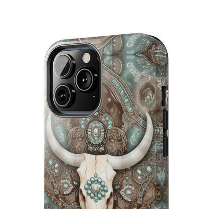 Western Cow Skull and Turquoise print design Phone Case- Lightweight, Impact Resistant Cover for iPhone 6, 6s, 12, 13, 14, 15