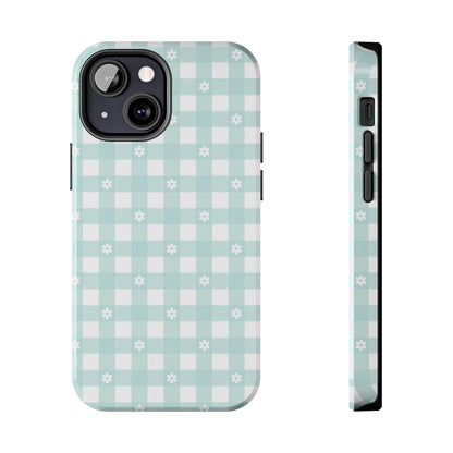 Cute Blue and White Gingham with Daisies Digital print Design Tough Phone Case compatible with a large variety of iPhone models, Gift, Phone Case