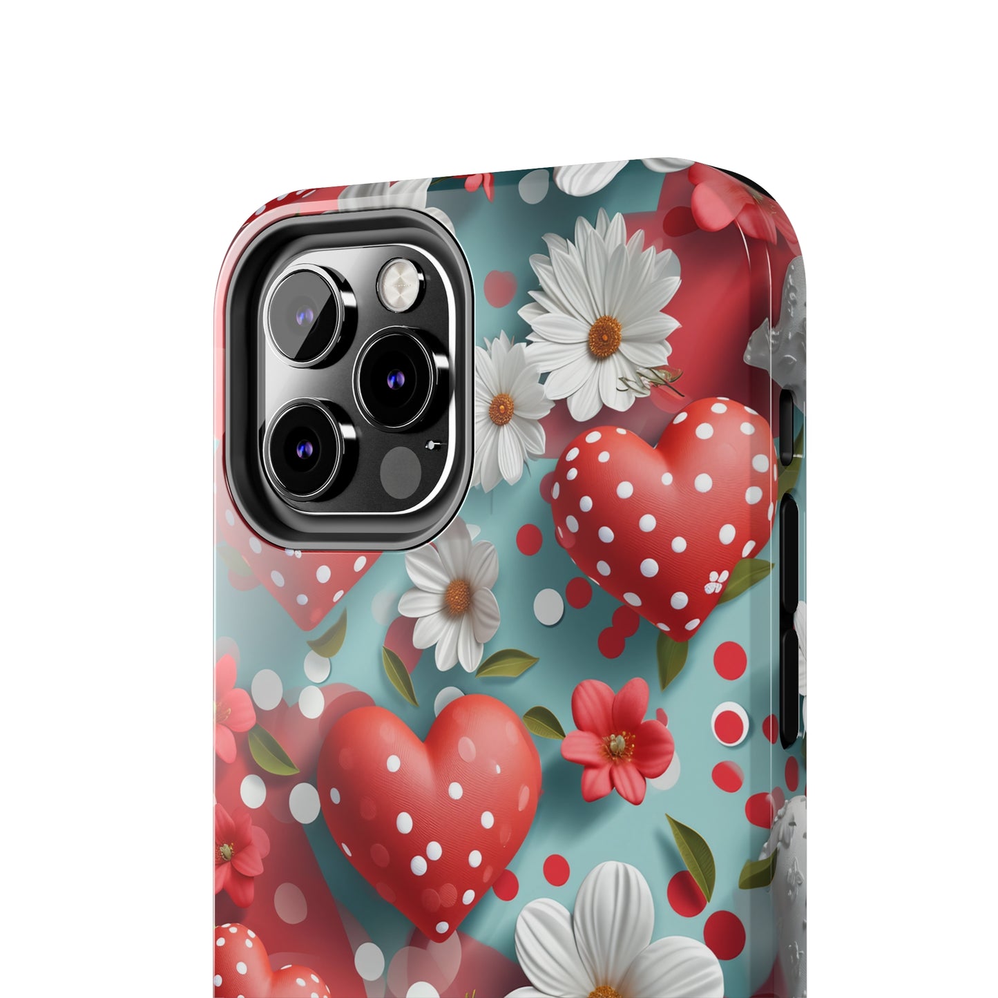 White Flowers Red Polka Dot Hearts Digital print Design Tough Phone Case compatible with a large variety of iPhone models, Gift, Phone Case