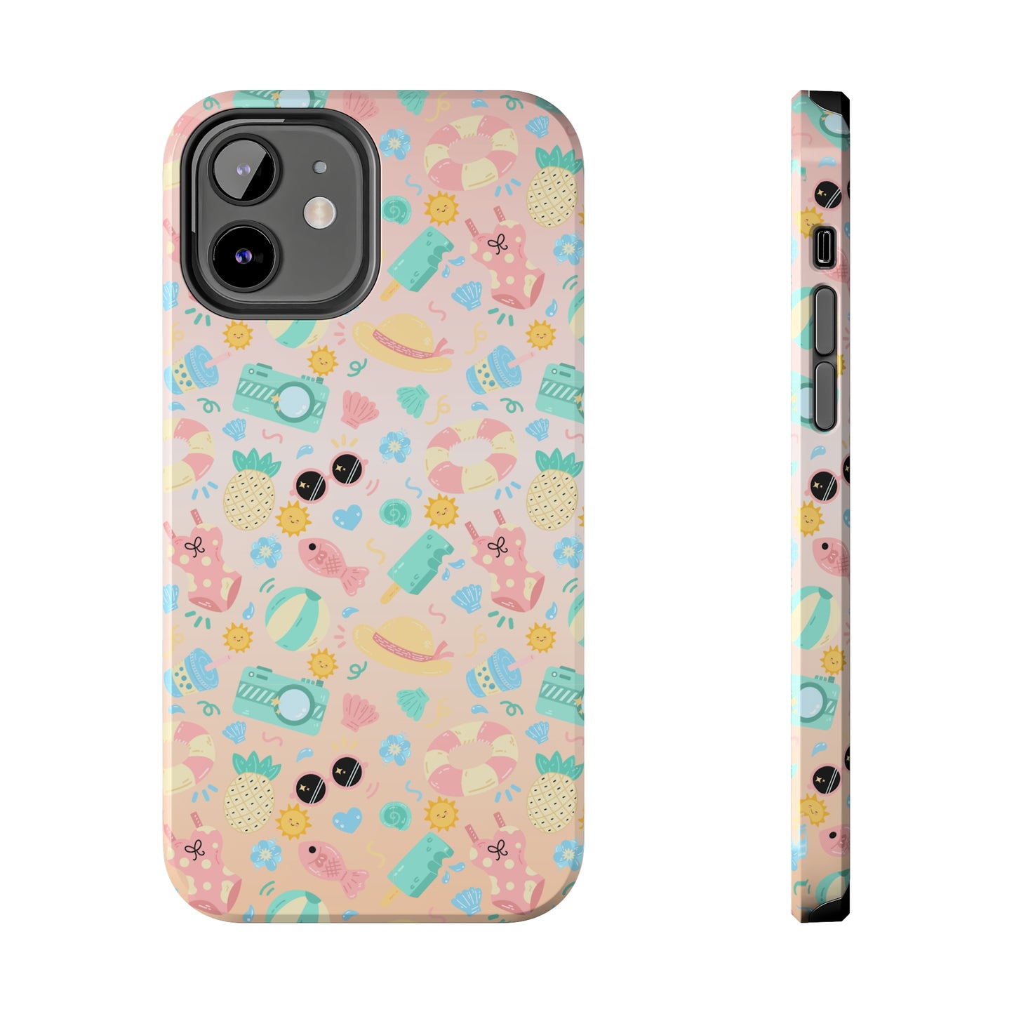 Cute Summer Vibes iPhone Case, Tropical Beach Icons Phone Cover, Pastel Colored Accessory Design, Protective Case for iPhone Models, Tough Phone Case