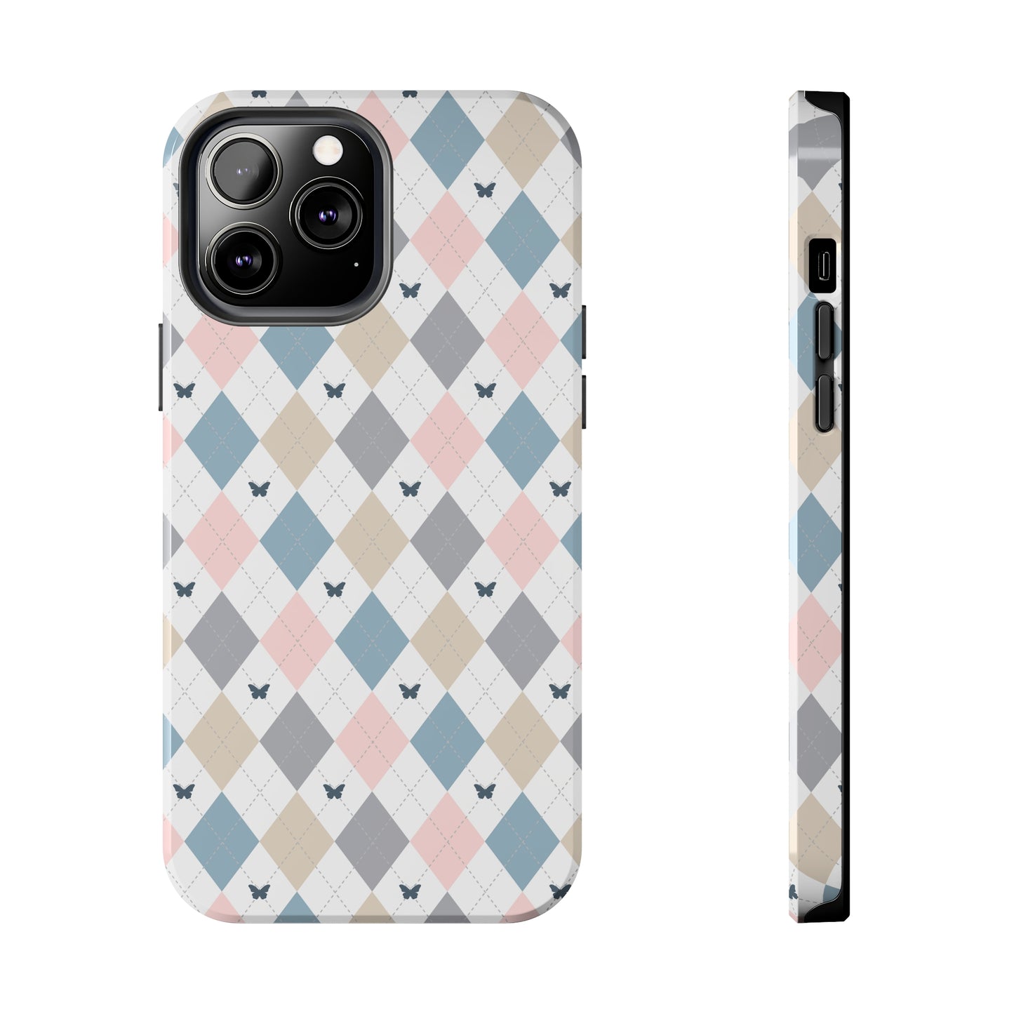 Argyle Pastel Plaid and Butterflies print design Tough Phone Case compatible with a large variety of iphone models