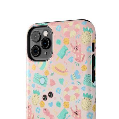 Cute Summer Vibes iPhone Case, Tropical Beach Icons Phone Cover, Pastel Colored Accessory Design, Protective Case for iPhone Models, Tough Phone Case