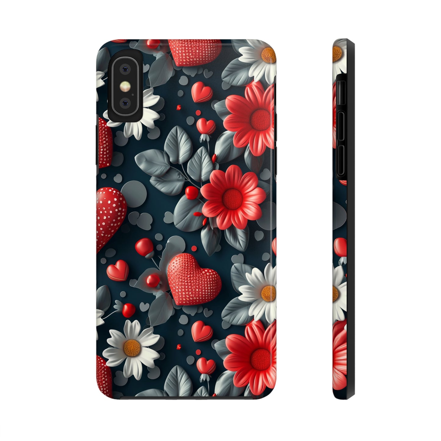 3D Flowers and Red Hearts Digital print Design Tough Phone Case compatible with a large variety of iPhone models, Gift, Phone Case