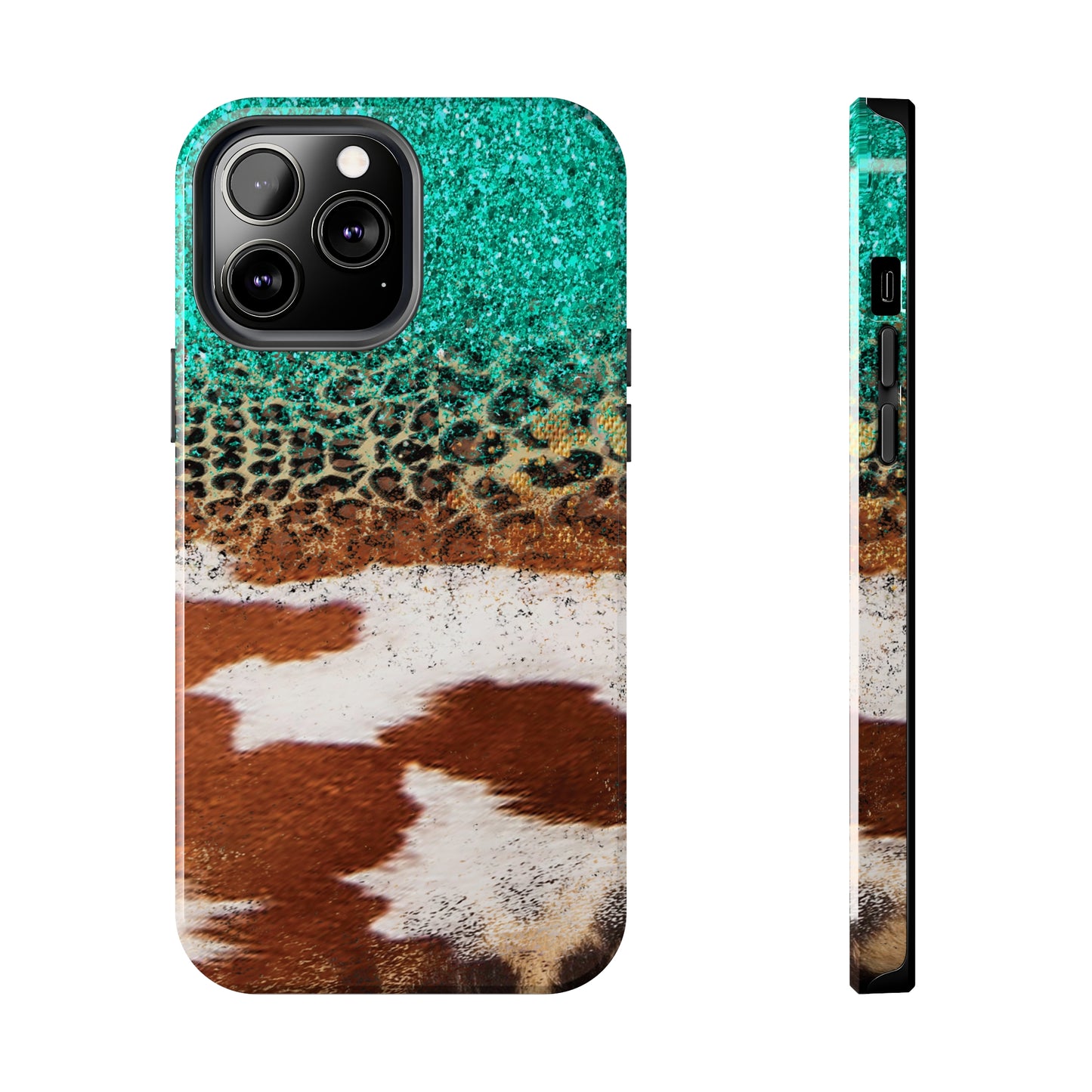 Western Cow Print, Teal, and Leopard print Design Phone Case- Lightweight, Impact Resistant Cover for iPhone 6, 6s, 12, 13, 14, 15