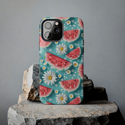 Watermelon Slices and Daisies Digital print Design Tough Phone Case compatible with a large variety of iPhone models, Gift, Phone Case