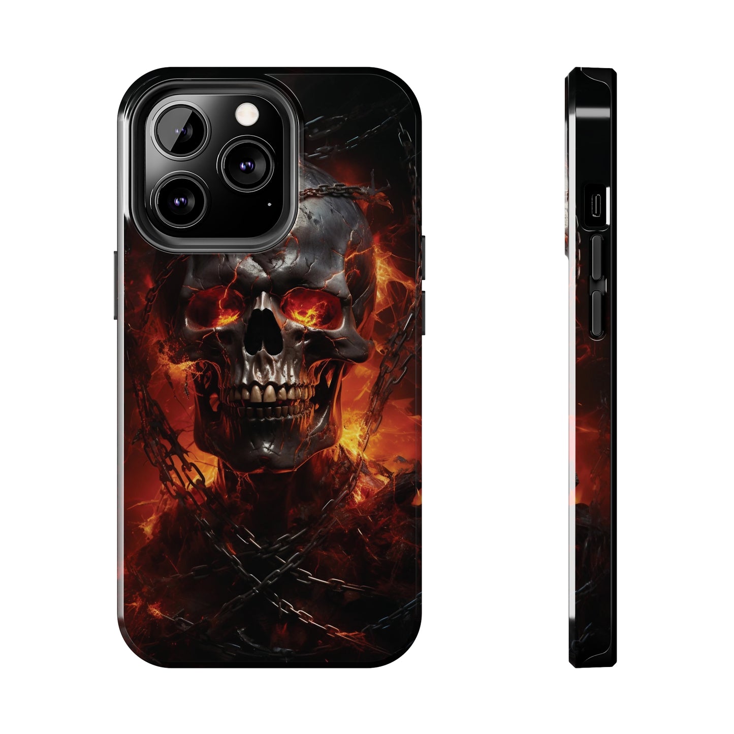 Gothic Skull iPhone Case, Dark Aesthetic Fiery Eyes, Unique Horror Style iPhone Accessory, Cool Tech Design for iPhone Models, Durable Phone Accessory Protective Cover for iPhone Models, Tough iPhone Case