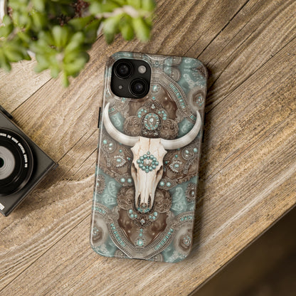 Western Cow Skull and Turquoise print design Phone Case- Lightweight, Impact Resistant Cover for iPhone 6, 6s, 12, 13, 14, 15