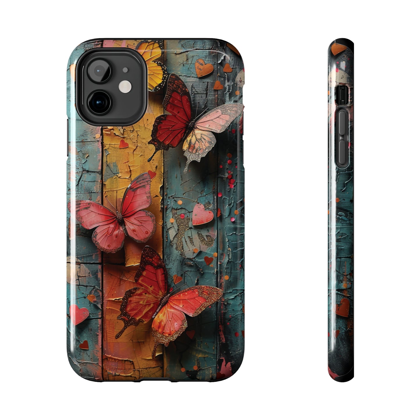 Colorful Butterfly Art on Wood texture design iPhone Case iPhone Case, Colorful Butterfly Art Protective Phone Cover, Durable Phone Accessory Gift, Chic Artsy Protective Cover, Protective Case for iPhone Models, Tough iPhone Case