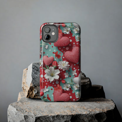 Polka Dot Hearts and Flowers Digital print Design Tough Phone Case compatible with a large variety of iPhone models, Gift, Phone Case