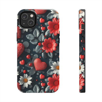 3D Flowers and Red Hearts Digital print Design Tough Phone Case compatible with a large variety of iPhone models, Gift, Phone Case