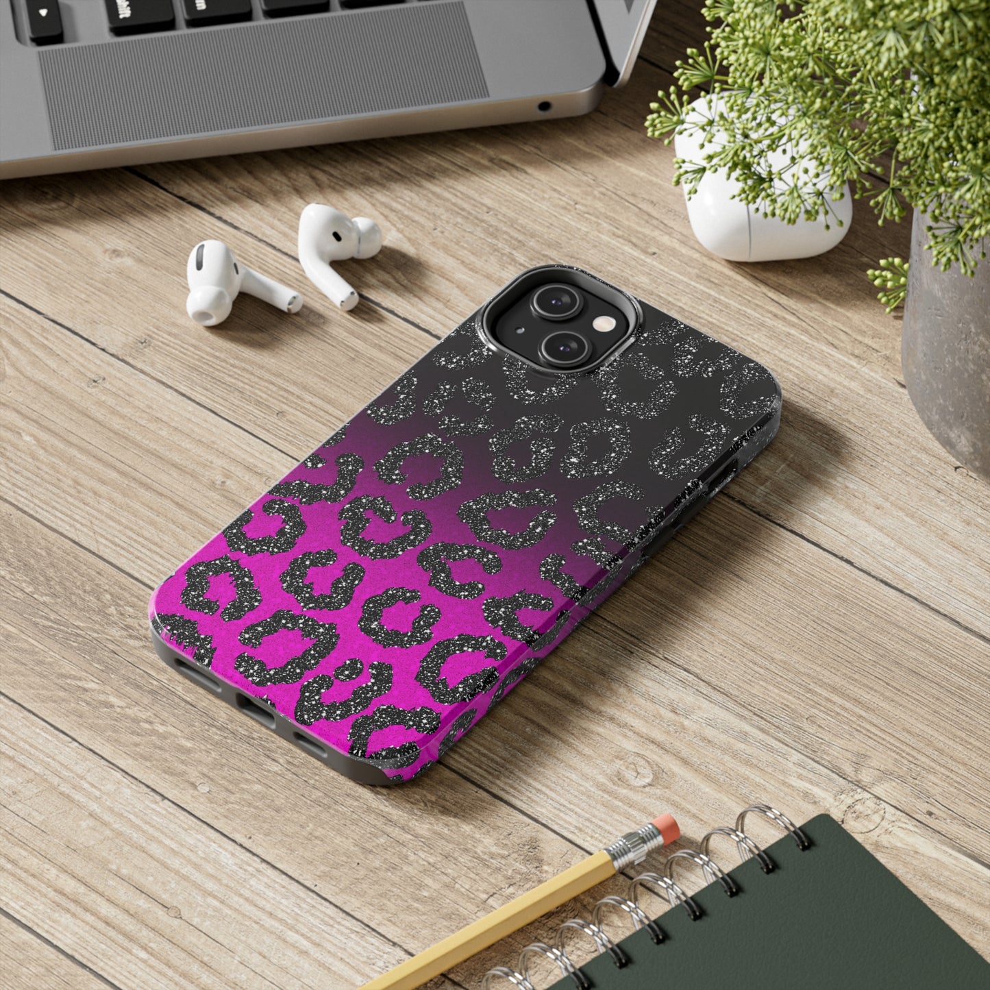 Pink and Black Ombre Leopard Design Phone Case- Lightweight, Impact Resistant Cover for iPhone 6, 6s, 12, 13, 14, 15