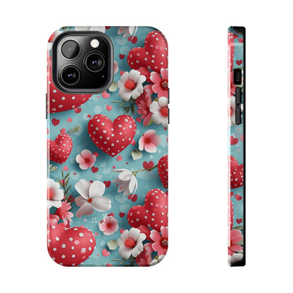 Pink White Flowers Red Hearts Digital print Design Tough Phone Case compatible with a large variety of iPhone models, Gift, Phone Case