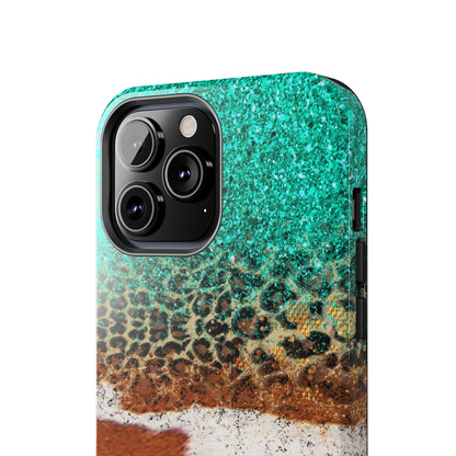 Western Cow Print, Teal, and Leopard print Design Phone Case- Lightweight, Impact Resistant Cover for iPhone 6, 6s, 12, 13, 14, 15