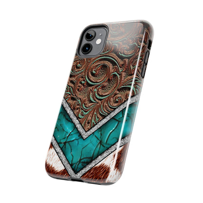 Western Cow Print, Faux Turquoise and Leather Digital print design Phone Case- Lightweight, Impact Resistant Cover for iPhone 6, 6s, 12, 13, 14, 15