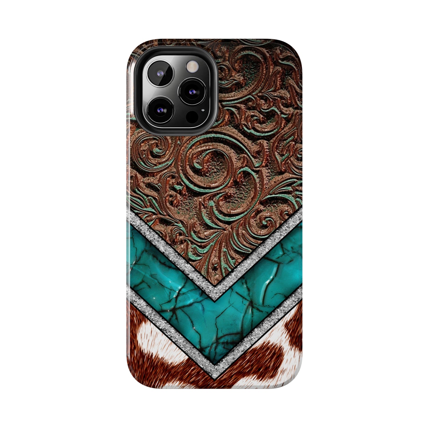 Western Cow Print, Faux Turquoise and Leather Digital print design Phone Case- Lightweight, Impact Resistant Cover for iPhone 6, 6s, 12, 13, 14, 15