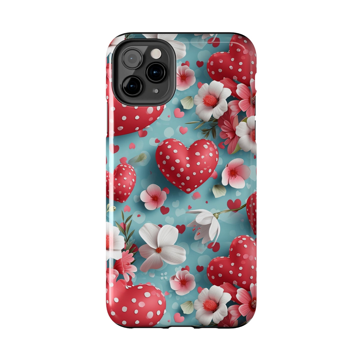 Pink White Flowers Red Hearts Digital print Design Tough Phone Case compatible with a large variety of iPhone models, Gift, Phone Case