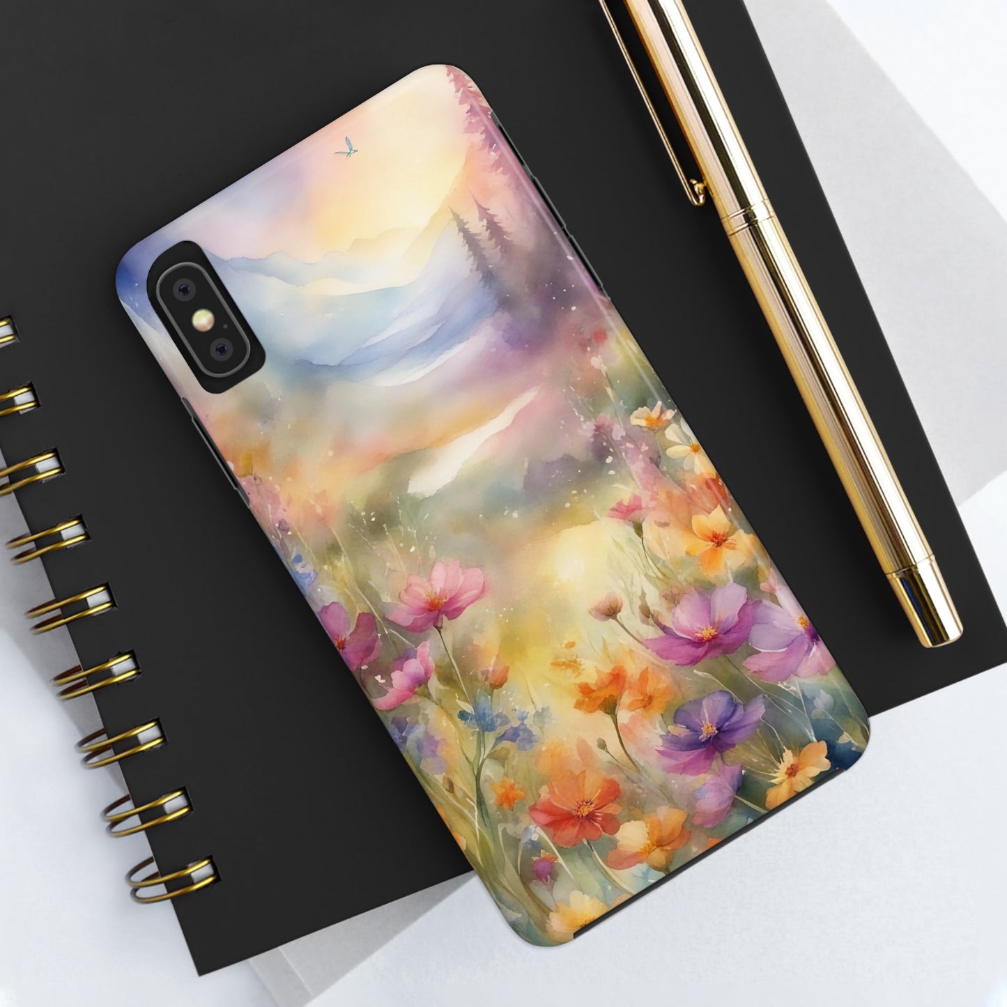 Watercolor Landscape and Wildflowers Pattern print design Tough Phone Case compatible with a large variety of phone models, Phone Case