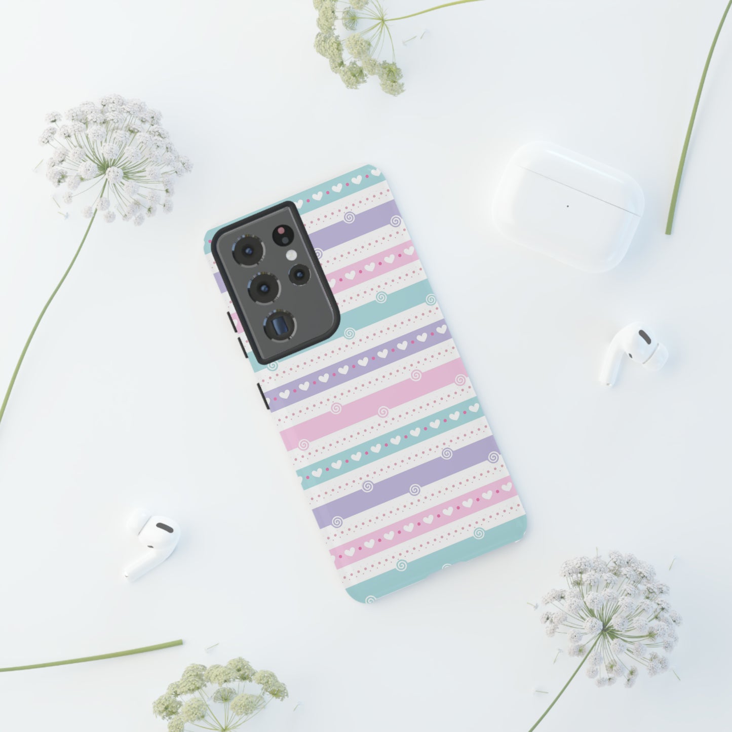 Pastel Stripes and Hearts print design Tough Phone Case compatible with a large variety of Samsung models