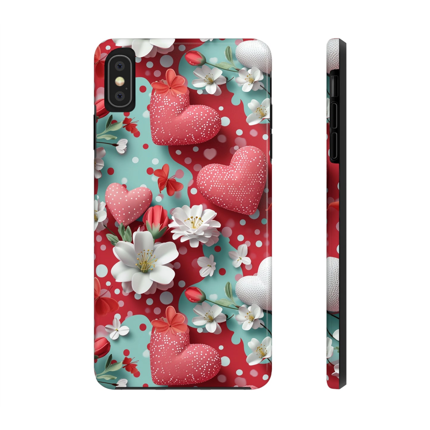 Polka Dot Hearts and Flowers Digital print Design Tough Phone Case compatible with a large variety of iPhone models, Gift, Phone Case