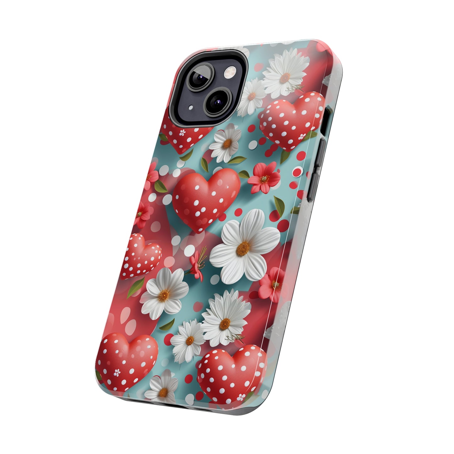 White Flowers Red Polka Dot Hearts Digital print Design Tough Phone Case compatible with a large variety of iPhone models, Gift, Phone Case