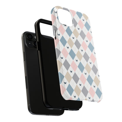 Argyle Pastel Plaid and Butterflies print design Tough Phone Case compatible with a large variety of iphone models