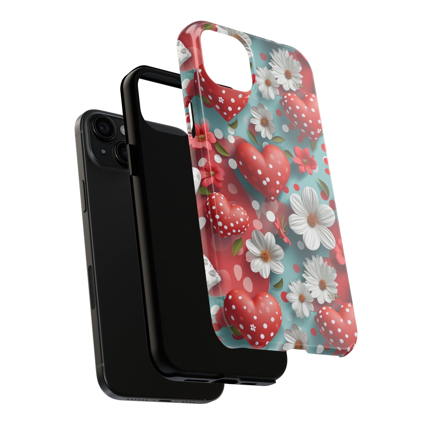 White Flowers Red Polka Dot Hearts Digital print Design Tough Phone Case compatible with a large variety of iPhone models, Gift, Phone Case