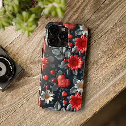 3D Flowers and Red Hearts Digital print Design Tough Phone Case compatible with a large variety of iPhone models, Gift, Phone Case