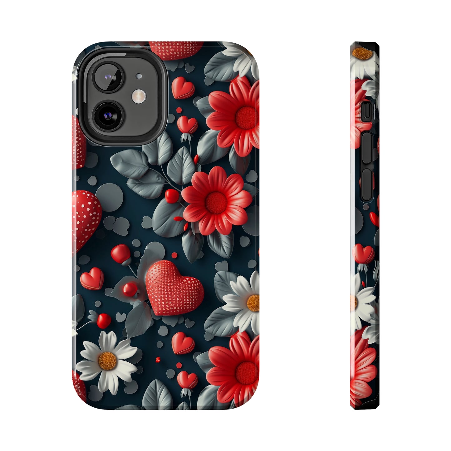 3D Flowers and Red Hearts Digital print Design Tough Phone Case compatible with a large variety of iPhone models, Gift, Phone Case