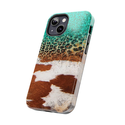 Western Cow Print, Teal, and Leopard print Design Phone Case- Lightweight, Impact Resistant Cover for iPhone 6, 6s, 12, 13, 14, 15