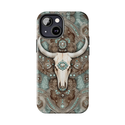 Western Cow Skull and Turquoise print design Phone Case- Lightweight, Impact Resistant Cover for iPhone 6, 6s, 12, 13, 14, 15