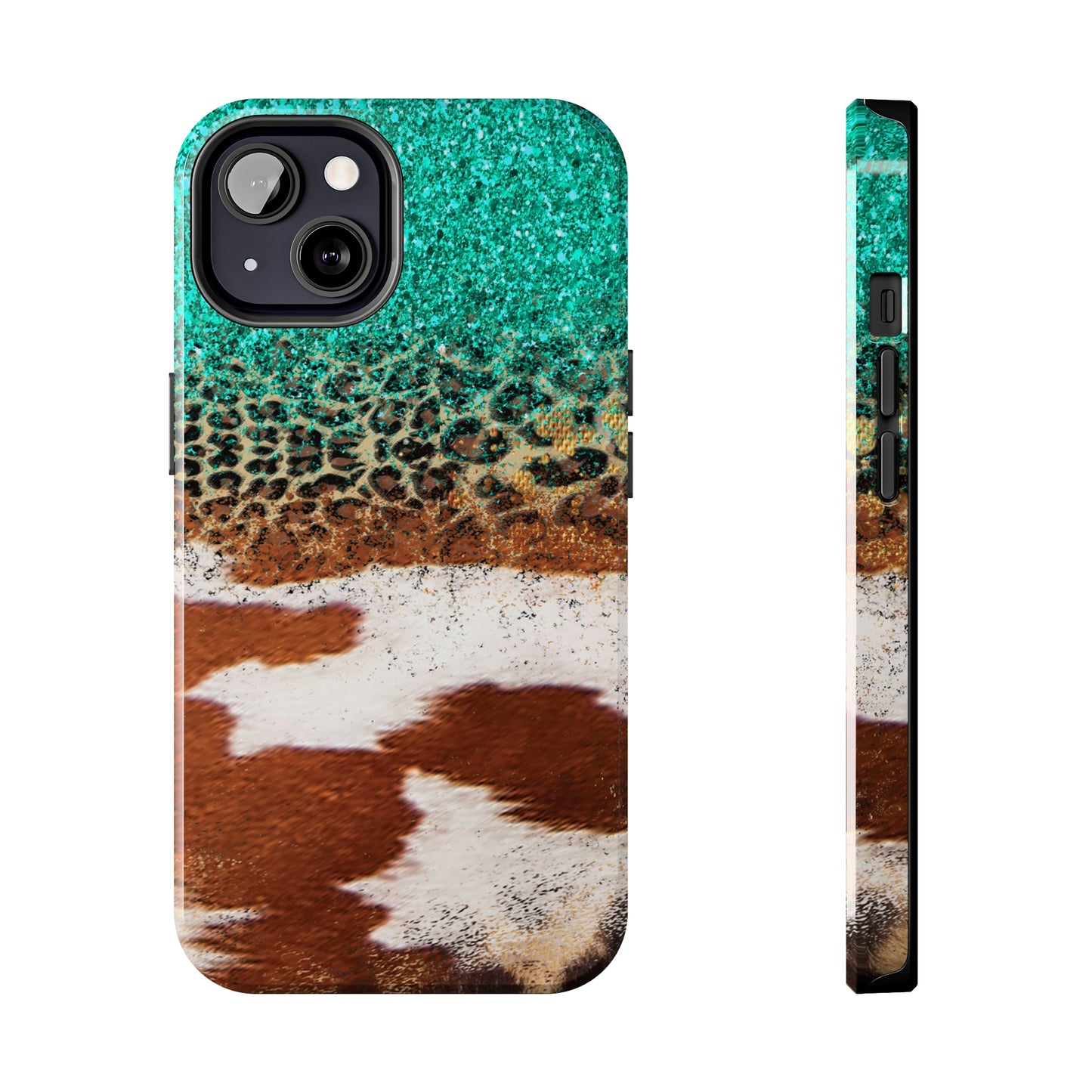 Western Cow Print, Teal, and Leopard print Design Phone Case- Lightweight, Impact Resistant Cover for iPhone 6, 6s, 12, 13, 14, 15