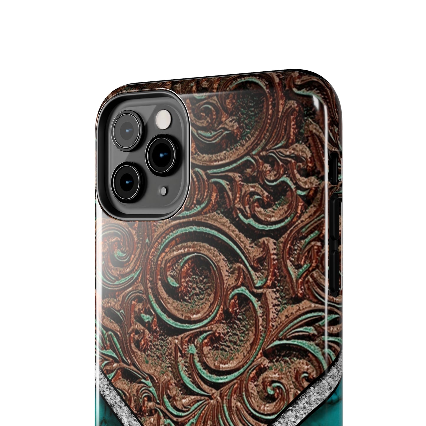 Western Cow Print, Faux Turquoise and Leather Digital print design Phone Case- Lightweight, Impact Resistant Cover for iPhone 6, 6s, 12, 13, 14, 15