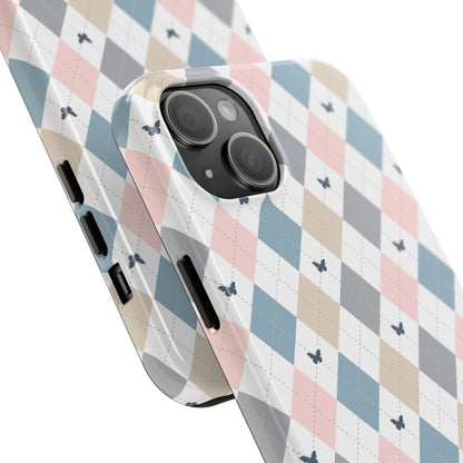 Argyle Pastel Plaid and Butterflies print design Tough Phone Case compatible with a large variety of iphone models